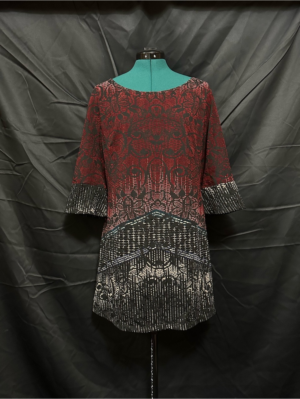 Red Black and White Velvety pattern Tunic Top